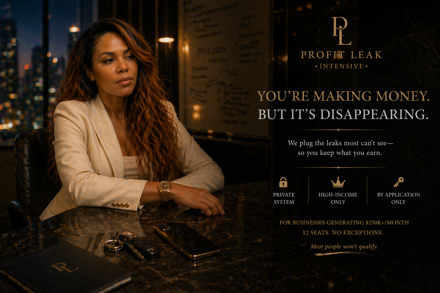 Profit Leak Intensive — You're making money. But it's disappearing. Private system, high-income only, by application only. For businesses generating $250K+/month. 12 seats.